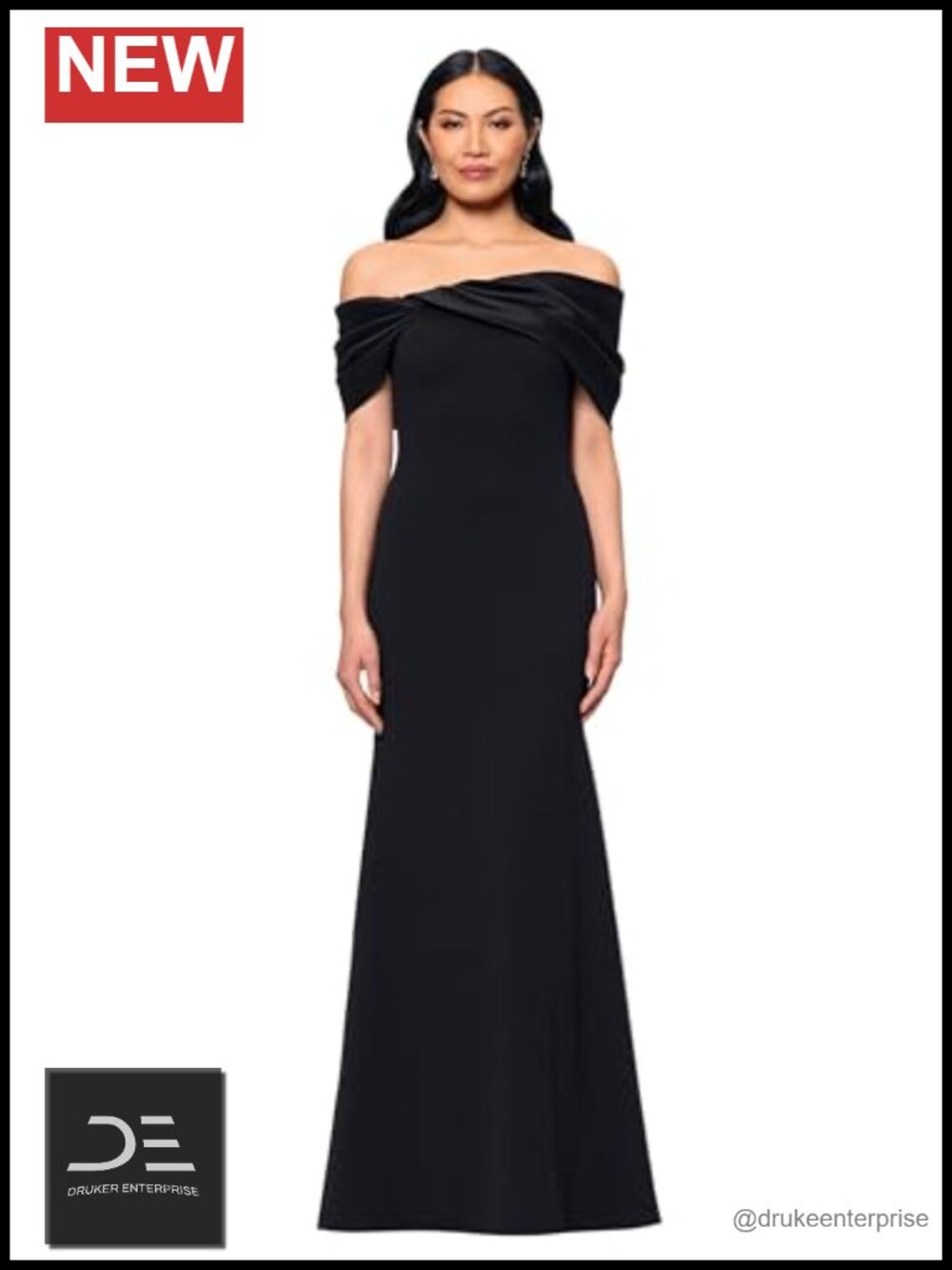 Scuba Crepe Off Shoulder Evening Gown